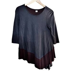 THREE DOTS Jersey Knit Tunic Asymmetrical Scoop Neck Gray Burgundy Medium Top